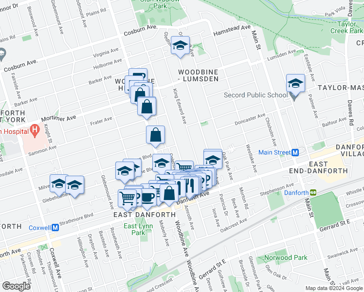 map of restaurants, bars, coffee shops, grocery stores, and more near in Toronto