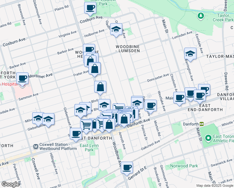 map of restaurants, bars, coffee shops, grocery stores, and more near 189 Cedarvale Avenue in Toronto