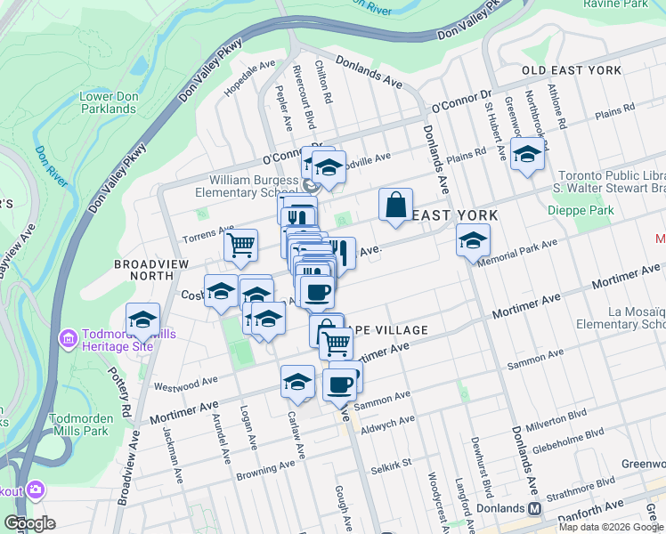 map of restaurants, bars, coffee shops, grocery stores, and more near 162 Gowan Avenue in Toronto