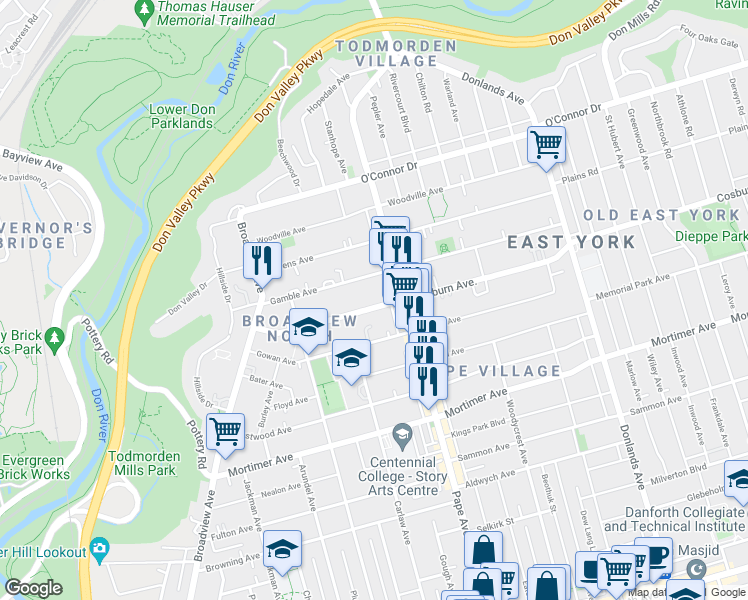 map of restaurants, bars, coffee shops, grocery stores, and more near 100 Cosburn Avenue in Toronto