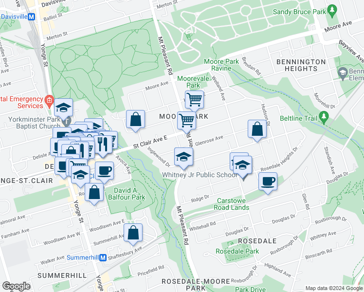 map of restaurants, bars, coffee shops, grocery stores, and more near in Toronto
