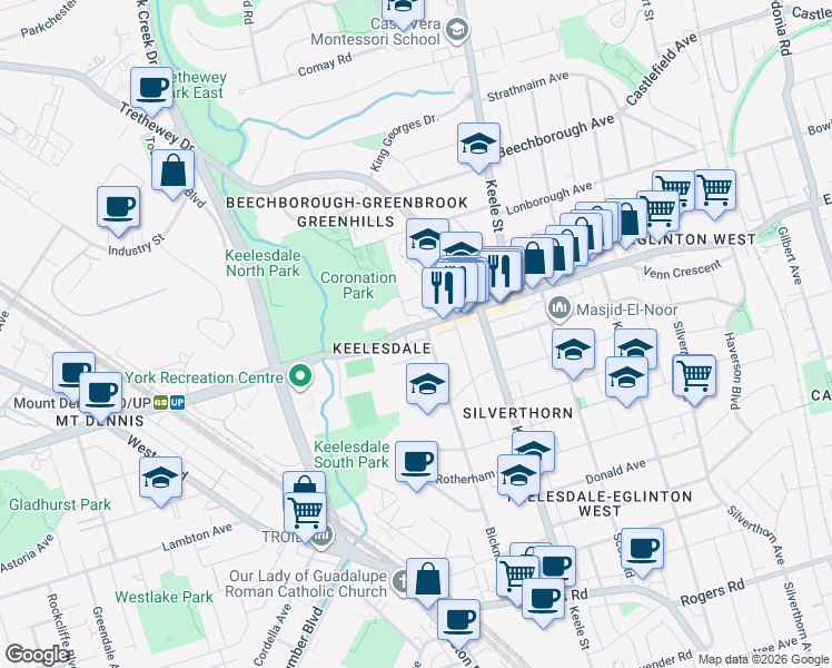 map of restaurants, bars, coffee shops, grocery stores, and more near in Toronto