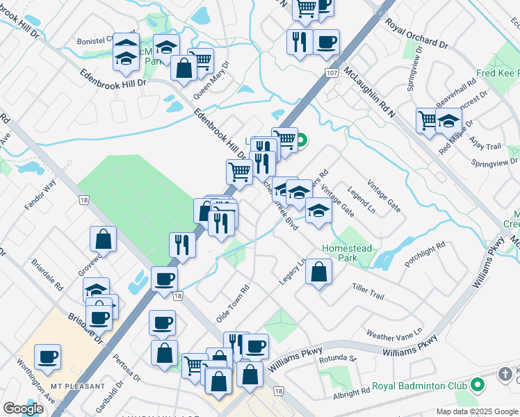 map of restaurants, bars, coffee shops, grocery stores, and more near 3 Butterchurn Road in Brampton