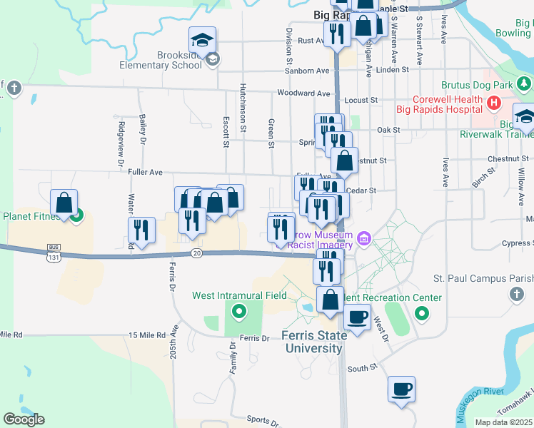 map of restaurants, bars, coffee shops, grocery stores, and more near 400 Perry Avenue in Big Rapids