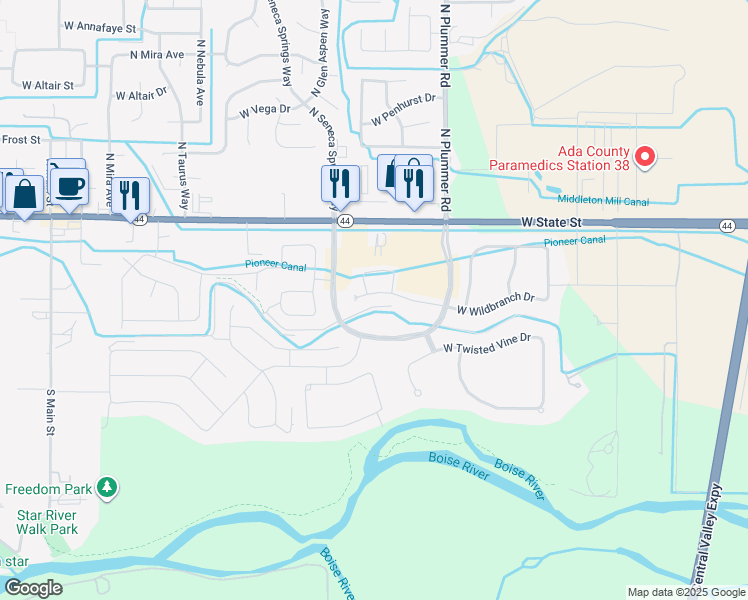 map of restaurants, bars, coffee shops, grocery stores, and more near 9800 West Gloxinia Street in Star
