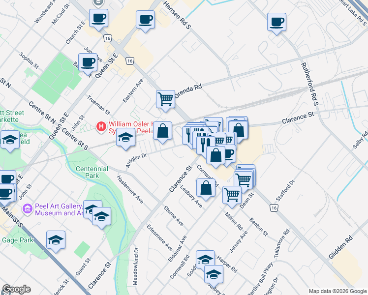 map of restaurants, bars, coffee shops, grocery stores, and more near 20 Ardglen Drive in Brampton