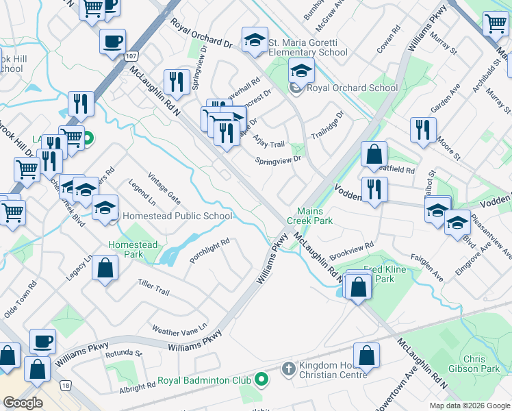 map of restaurants, bars, coffee shops, grocery stores, and more near 9700 McLaughlin Road North in Brampton