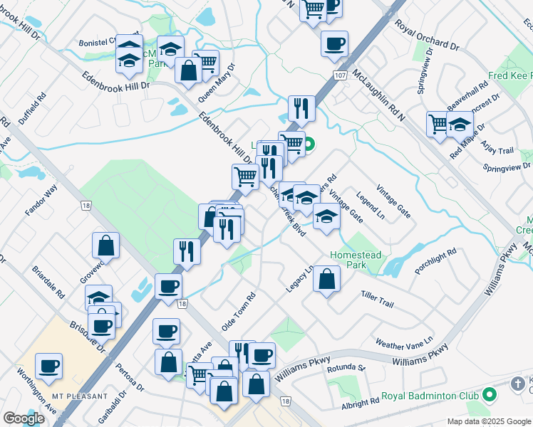 map of restaurants, bars, coffee shops, grocery stores, and more near 15 Olde Town Road in Brampton