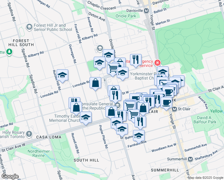 map of restaurants, bars, coffee shops, grocery stores, and more near 587 Avenue Road in Toronto