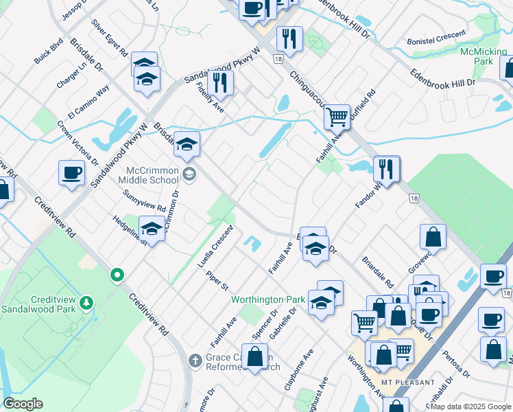 map of restaurants, bars, coffee shops, grocery stores, and more near 52 Fallstar Crescent in Brampton