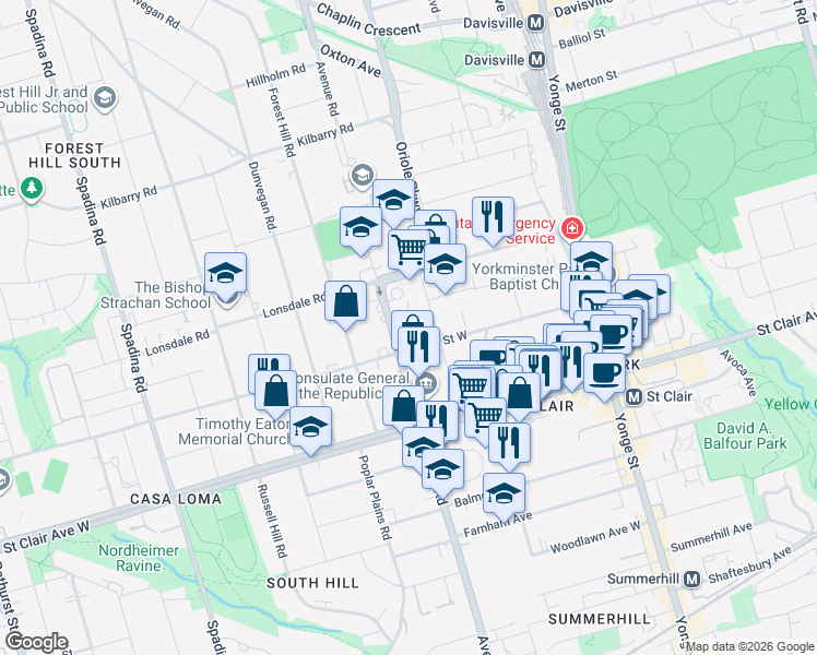map of restaurants, bars, coffee shops, grocery stores, and more near 587 Avenue Road in Toronto