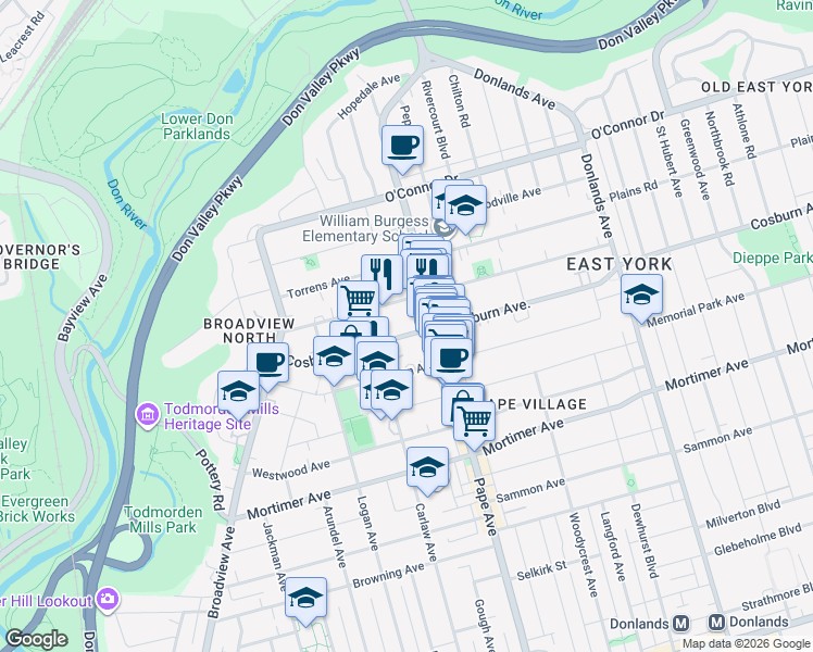 map of restaurants, bars, coffee shops, grocery stores, and more near 91 Cosburn Avenue in Toronto