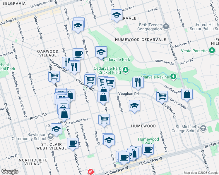map of restaurants, bars, coffee shops, grocery stores, and more near in Toronto