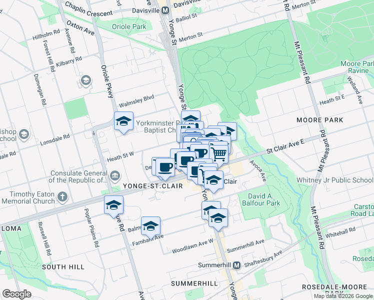 map of restaurants, bars, coffee shops, grocery stores, and more near 1560 Yonge Street in Toronto