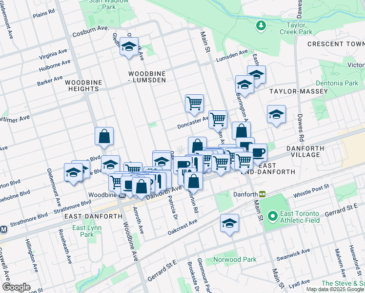 map of restaurants, bars, coffee shops, grocery stores, and more near 12 Newmarket Avenue in Toronto