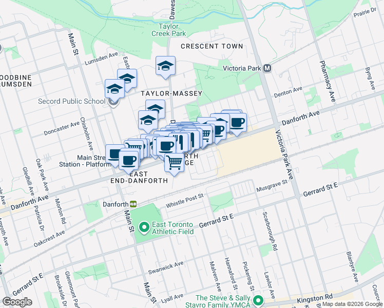 map of restaurants, bars, coffee shops, grocery stores, and more near 2823 Danforth Avenue in Toronto