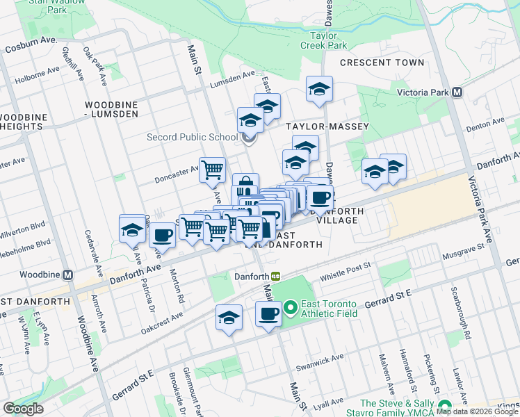 map of restaurants, bars, coffee shops, grocery stores, and more near 24 Barrington Avenue in Toronto