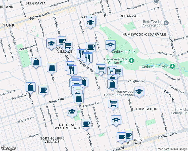 map of restaurants, bars, coffee shops, grocery stores, and more near 472 Winona Drive in Toronto