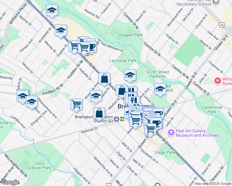 map of restaurants, bars, coffee shops, grocery stores, and more near 205 Main Street North in Brampton