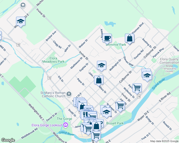 map of restaurants, bars, coffee shops, grocery stores, and more near 260 John Street in Elora