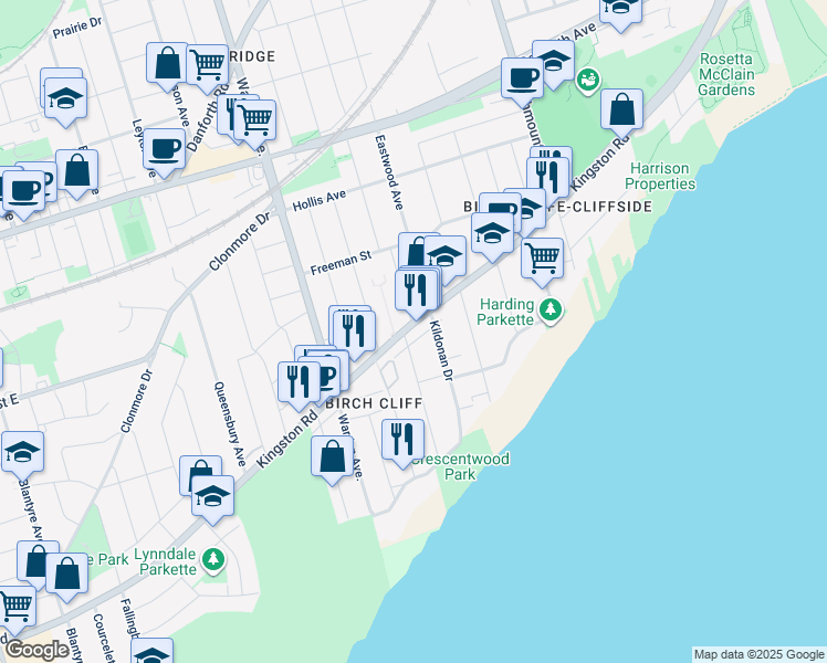 map of restaurants, bars, coffee shops, grocery stores, and more near 57 Valhalla Boulevard in Toronto