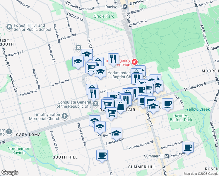 map of restaurants, bars, coffee shops, grocery stores, and more near 101 Heath Street West in Toronto