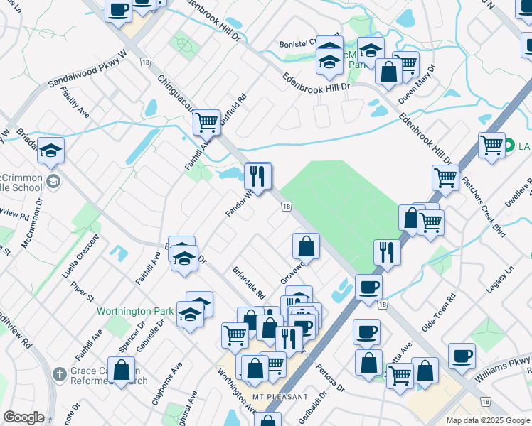 map of restaurants, bars, coffee shops, grocery stores, and more near 68 Mistdale Crescent in Brampton