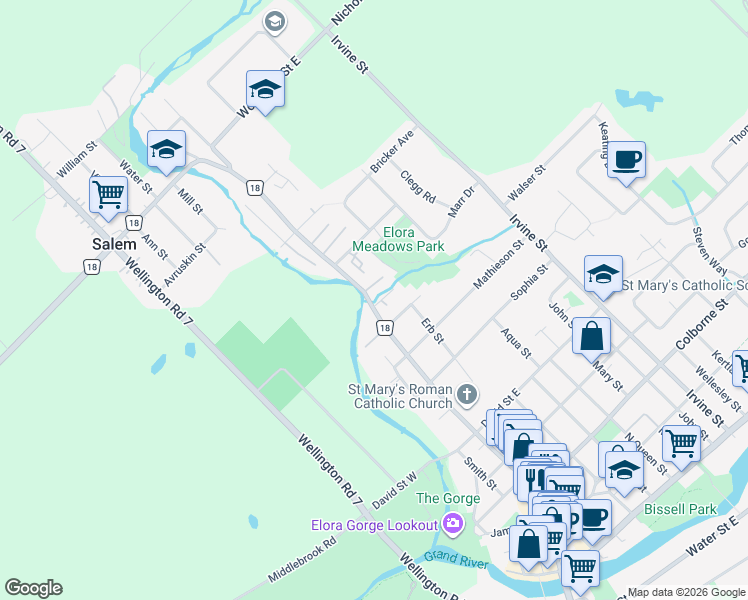 map of restaurants, bars, coffee shops, grocery stores, and more near 377 Geddes Street in Elora