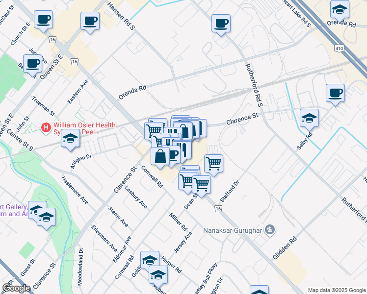 map of restaurants, bars, coffee shops, grocery stores, and more near 50 Kennedy Road South in Brampton