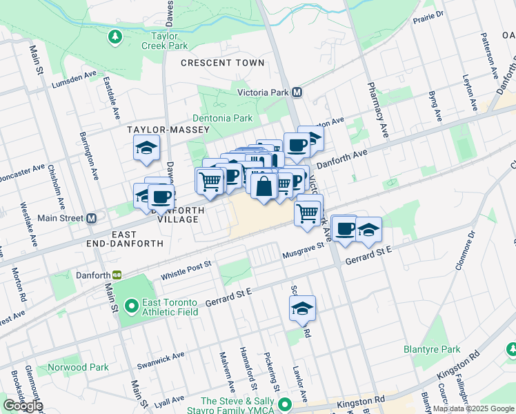 map of restaurants, bars, coffee shops, grocery stores, and more near 3003 Danforth Avenue in Toronto