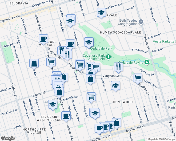 map of restaurants, bars, coffee shops, grocery stores, and more near 197 Winnett Avenue in Toronto