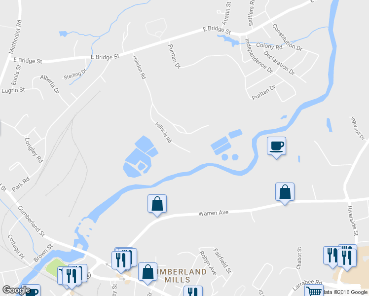 map of restaurants, bars, coffee shops, grocery stores, and more near 94 Hillside Road in Westbrook