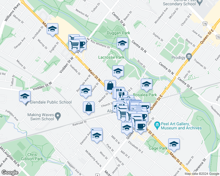 map of restaurants, bars, coffee shops, grocery stores, and more near 196 Main Street North in Brampton