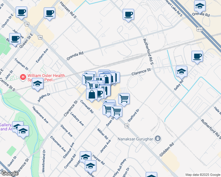 map of restaurants, bars, coffee shops, grocery stores, and more near 50 Kennedy Road South in Brampton