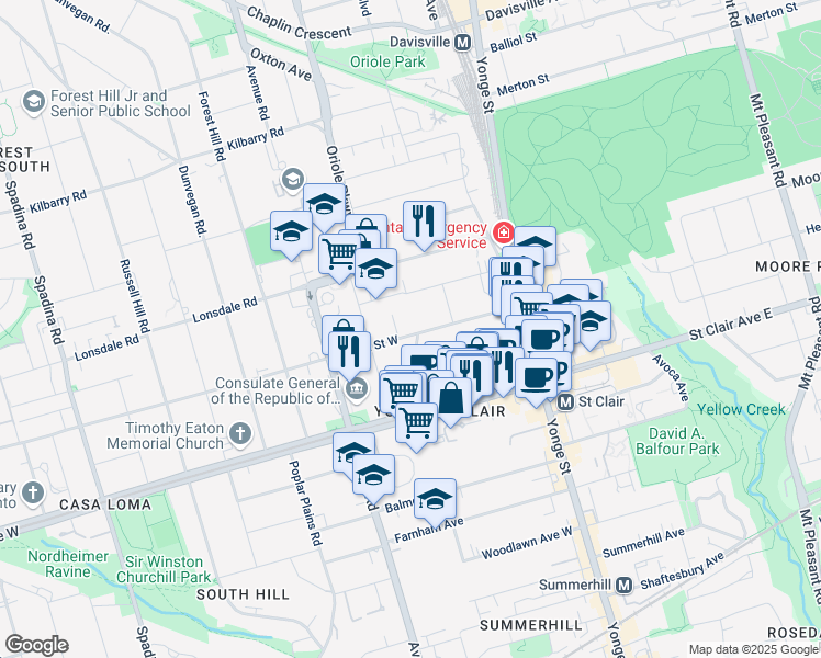map of restaurants, bars, coffee shops, grocery stores, and more near 101 Heath Street West in Toronto