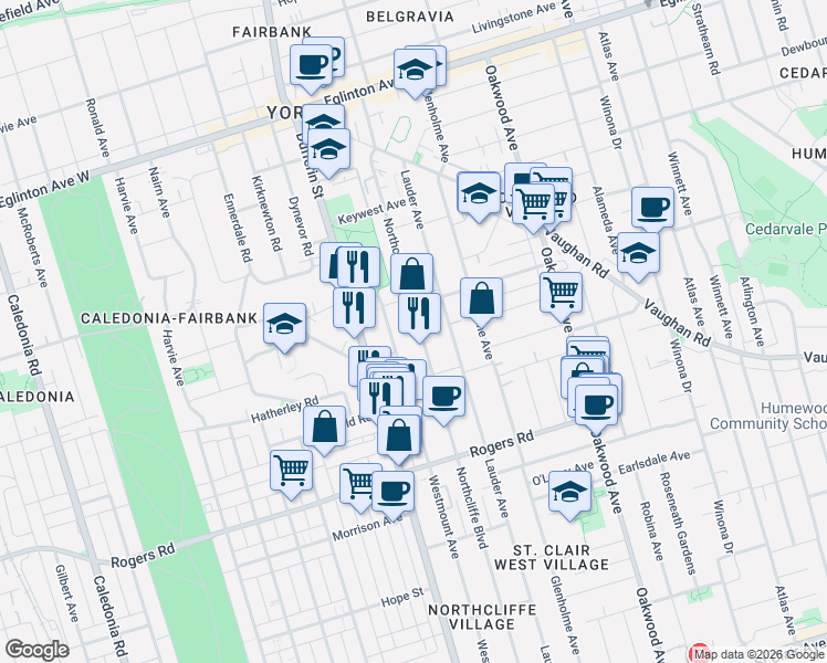 map of restaurants, bars, coffee shops, grocery stores, and more near 512 Northcliffe Boulevard in Toronto