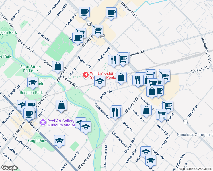 map of restaurants, bars, coffee shops, grocery stores, and more near 67 Ardglen Drive in Brampton