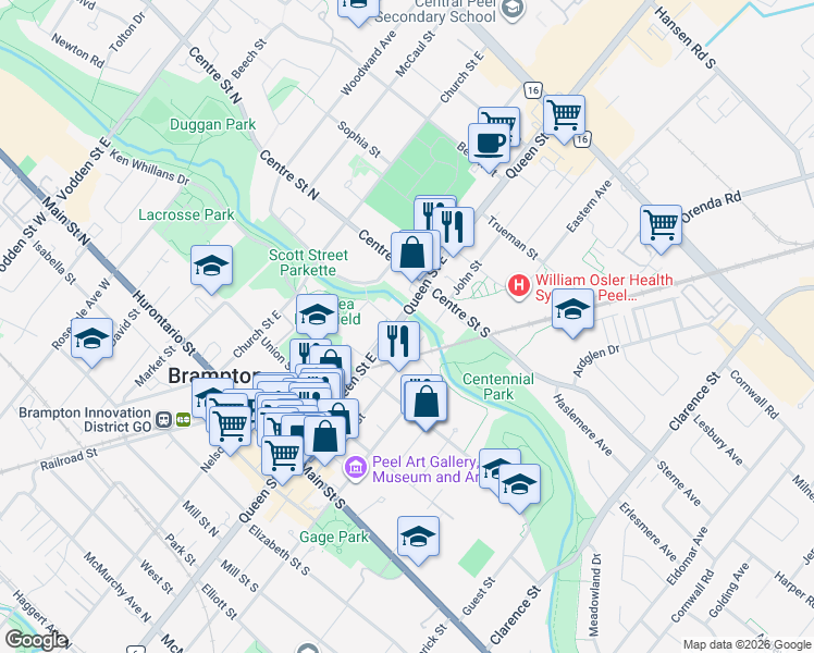 map of restaurants, bars, coffee shops, grocery stores, and more near 100 John Street in Brampton