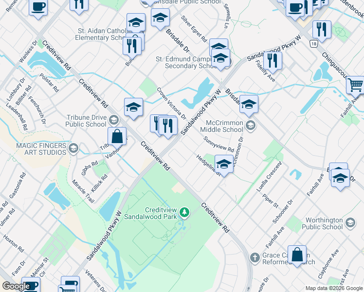 map of restaurants, bars, coffee shops, grocery stores, and more near 12 Humbolt Crescent in Brampton