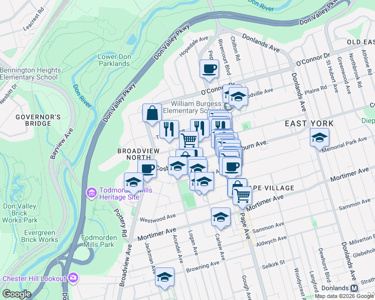 map of restaurants, bars, coffee shops, grocery stores, and more near 51 Gamble Avenue in Toronto
