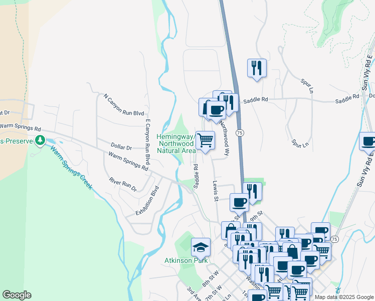 map of restaurants, bars, coffee shops, grocery stores, and more near Park Circle in Ketchum