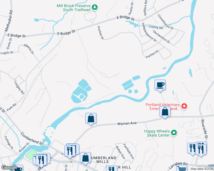 map of restaurants, bars, coffee shops, grocery stores, and more near 94 Hillside Road in Westbrook