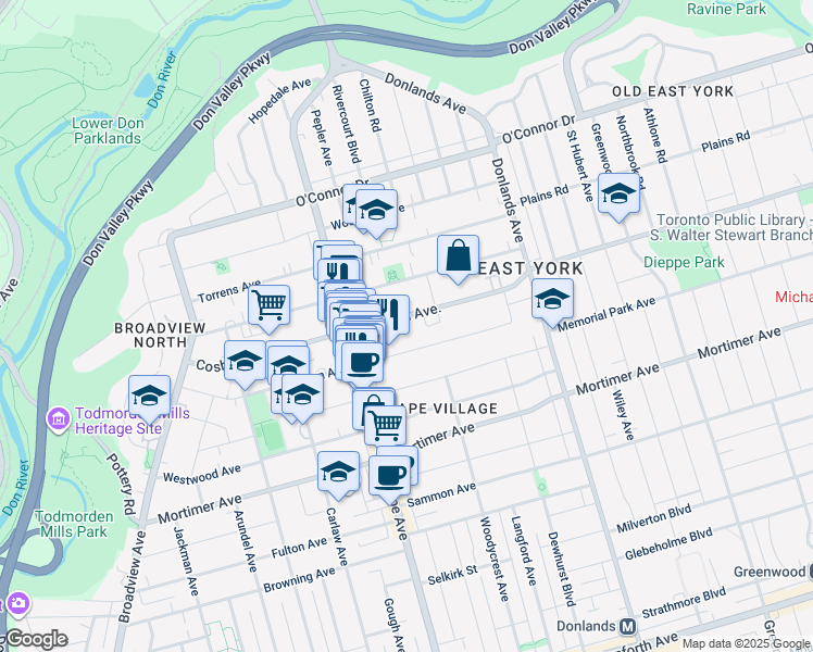 map of restaurants, bars, coffee shops, grocery stores, and more near 145 Cosburn Avenue in Toronto
