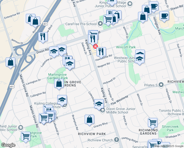 map of restaurants, bars, coffee shops, grocery stores, and more near 33 Powburn Place in Toronto
