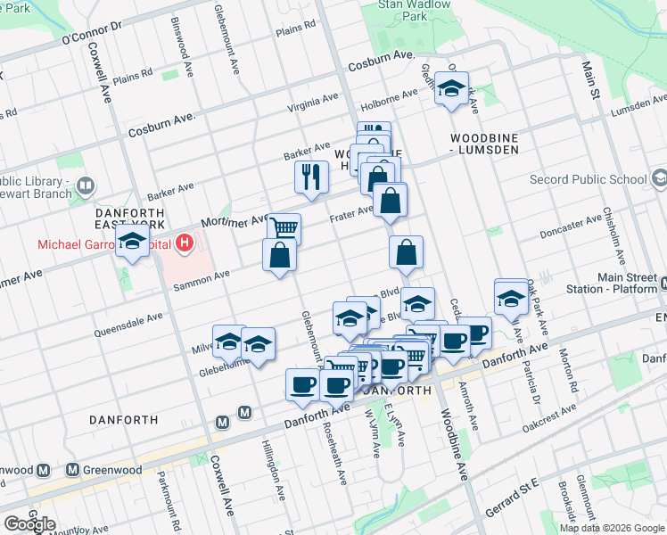 map of restaurants, bars, coffee shops, grocery stores, and more near 305 Queensdale Avenue in Toronto