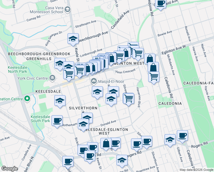 map of restaurants, bars, coffee shops, grocery stores, and more near 354 Kane Avenue in Toronto
