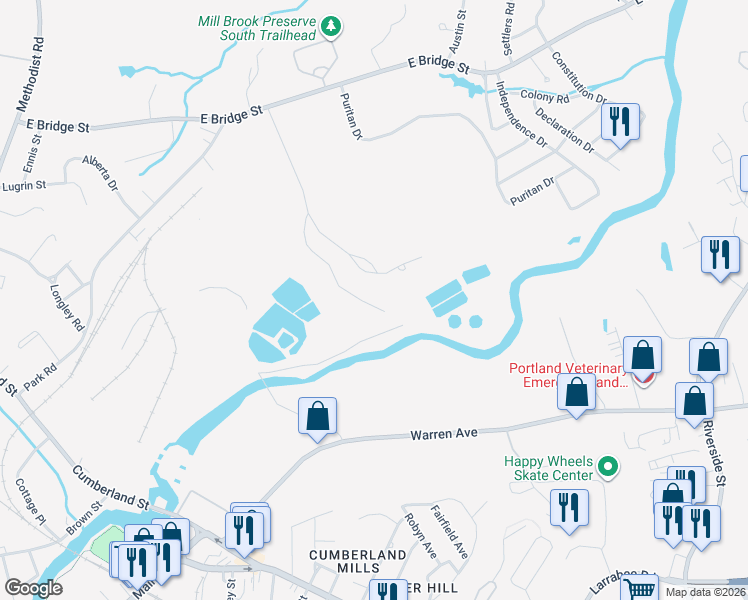 map of restaurants, bars, coffee shops, grocery stores, and more near 94 Hillside Road in Westbrook
