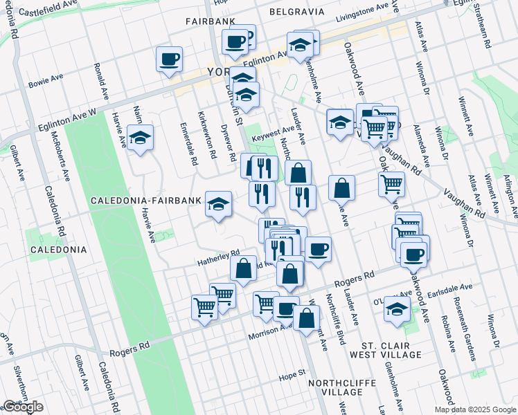 map of restaurants, bars, coffee shops, grocery stores, and more near in Toronto