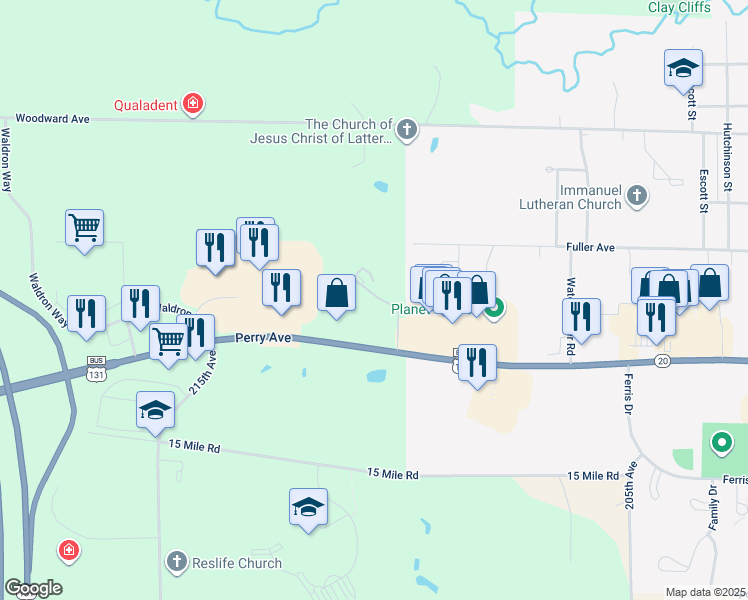 map of restaurants, bars, coffee shops, grocery stores, and more near 15345 Venlo Drive in Big Rapids