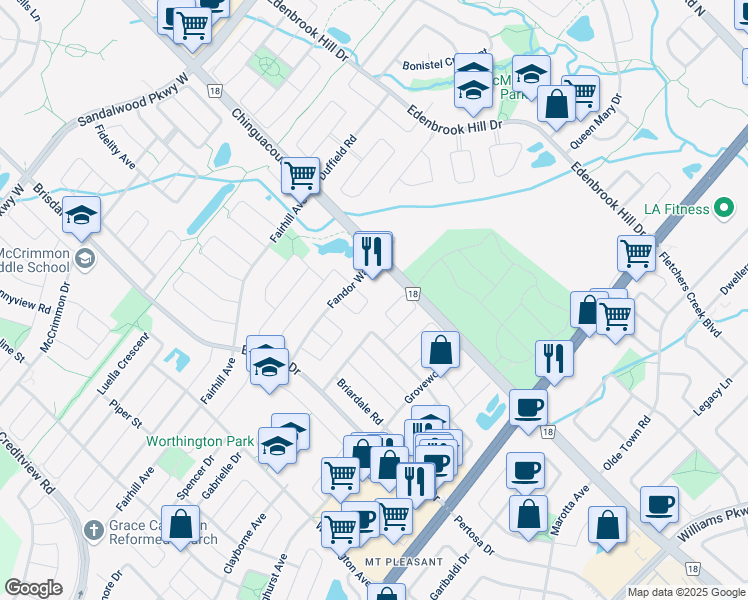 map of restaurants, bars, coffee shops, grocery stores, and more near 16 Junction Crescent in Brampton